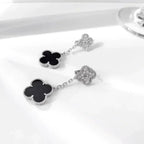 CLOVER 2 MOTIFS  DIAMOND ONYX EARRINGS SILVER