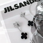 CLOVER 2 MOTIFS  DIAMOND ONYX EARRINGS SILVER