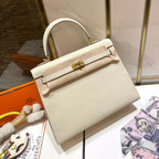 HM KELLY 25CM WHITE EPSOM LEATHER GOLD HARDWARE