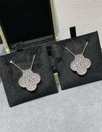 CLOVER 25MM LARGE PENDANT DIAMOND PAVED SILVER NECKLACE