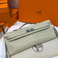 KELLY CUT 31 IN PEARL GRAY ALLIGATOR LEATHER WITH SILVER HARDWARE (MADE-TO-ODER)