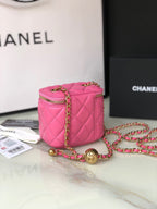 CC MINI 11 VANITY CHAIN IN BRIGHT PINK CALFSKIN GOLD HARDWARE