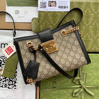 GG PADLOCK MEDIUM 26 SHOULDER BAG BEIGE CANVAS AND BLACK CALFSKIN