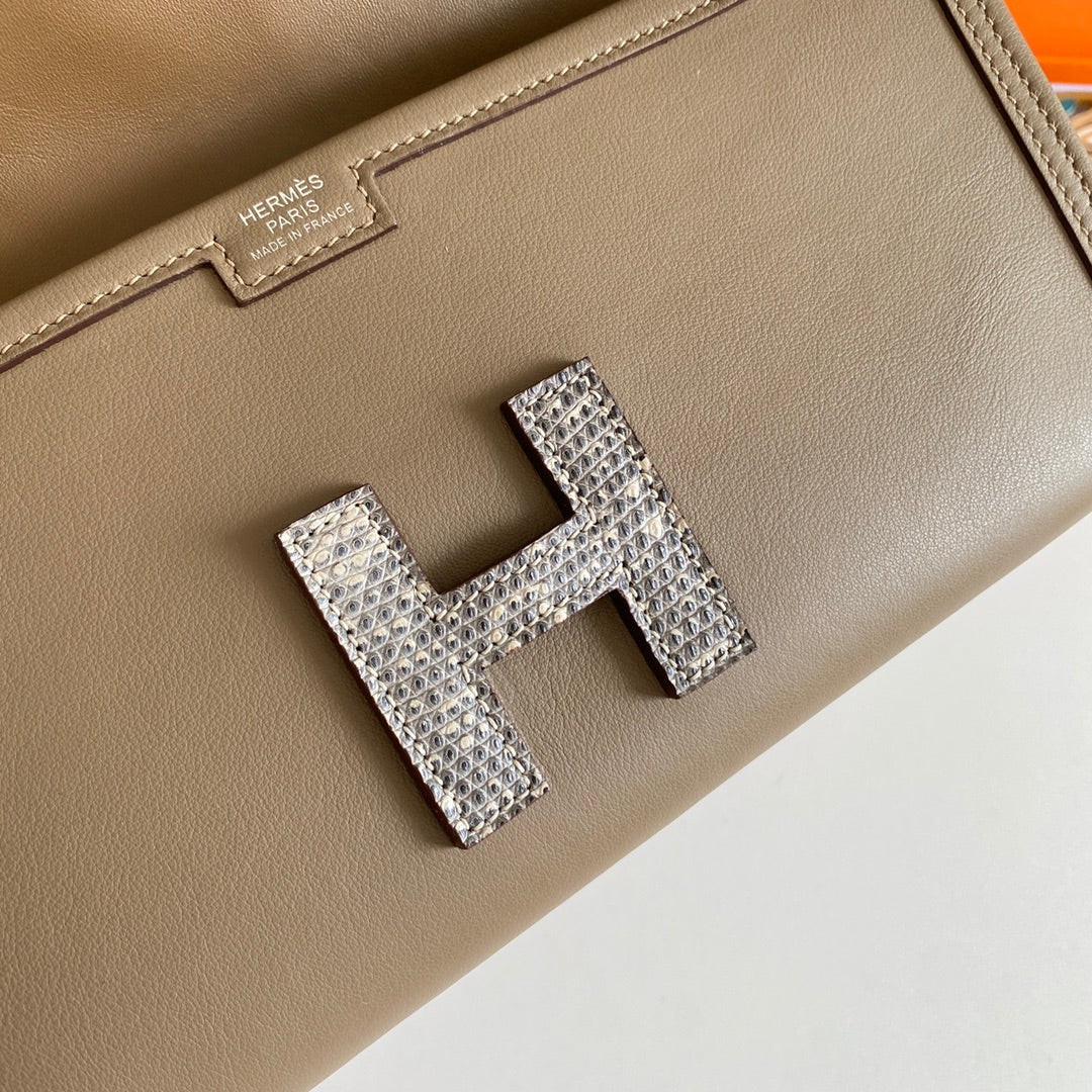 JIGE ELAN 29 CLUTCH IN CHOCOLATE BROWN CALFSKIN WITH WHTE LIZARD SKIN (MADE-TO-ODER)