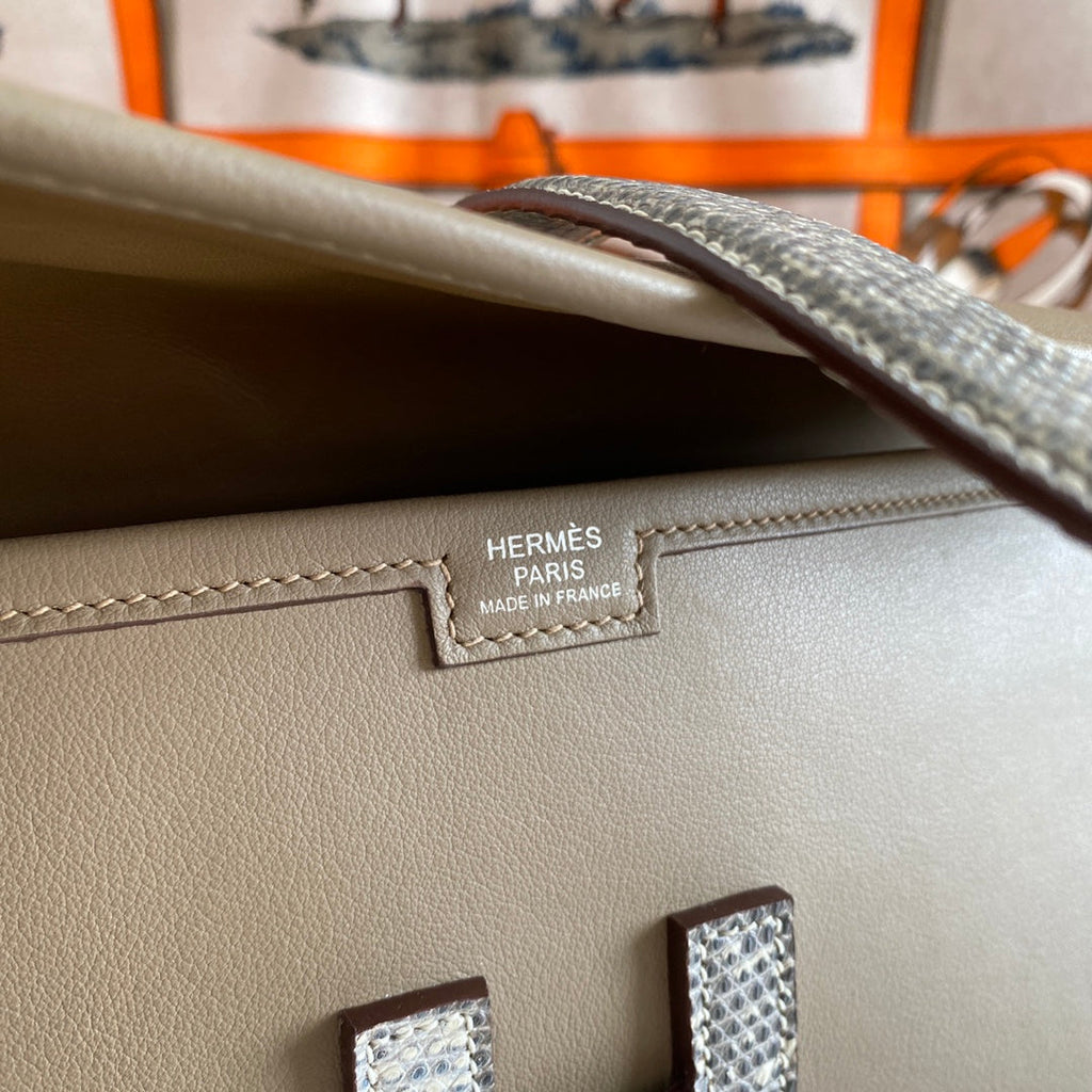JIGE ELAN 29 CLUTCH IN CHOCOLATE BROWN CALFSKIN WITH WHTE LIZARD SKIN (MADE-TO-ODER)