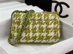 SMALL FLAP BAG 26 IN LIGHT GREEN MIX WHITE TWEED SILVER AND GOLD CHAIN