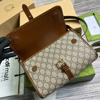 MESSENGER BAG 25 IN BEIGE CANVAS ANG BROWN CALFSKIN
