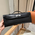 KELLY CUT 31 IN BLACK SHINY ALLIGATOR LEATHER WITH SILVER HARDWARE (MADE-TO-ODER)