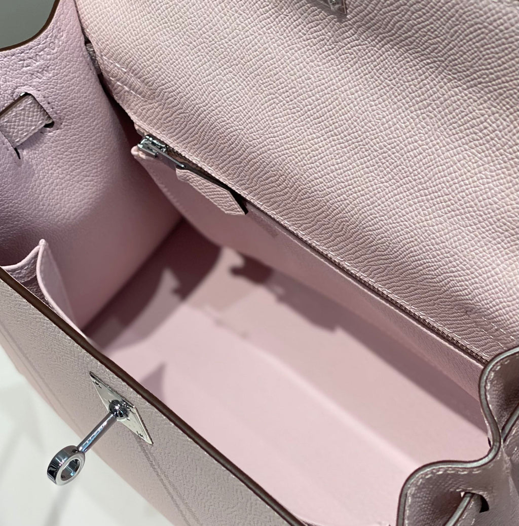 KELLY 25CM IN EPSOM MAUVE SWIFT CALFSKIN SILVER HARDWARE