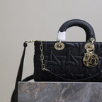 LADY D-JOY BAG 26 IN BLACK GRAPHIC CANNAGE CALFSKIN PALE GOLD-FINISH METAL CHARMS