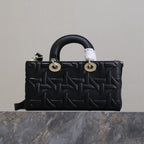 LADY D-JOY BAG 26 IN BLACK GRAPHIC CANNAGE CALFSKIN PALE GOLD-FINISH METAL CHARMS