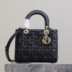 LADY BAG 24 IN BLACK GRAPHIC CANNAGE CALFSKIN PALE GOLD-FINISH METAL CHARMS