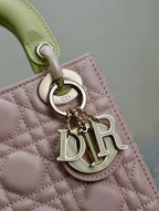 MINI LADY BAG 17 IN BABY PINK QUILTED MACROCANNAGE CALFSKIN SWAMP YELLOW STRAP