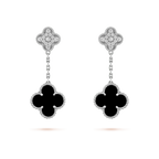 CLOVER 2 MOTIFS  DIAMOND ONYX EARRINGS SILVER