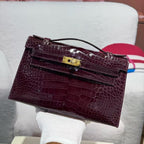 HM KELLY MINI 22 BORDEAUX RED AMERICAN ALLIGATOR GOLD BUCKLE (MADE-TO-ODER)