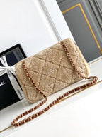 MEDIUM FLAP BAG 23 IN BEIGE WOOL AND GINGER ORANGE CALFSKIN GOLD HARDWARE
