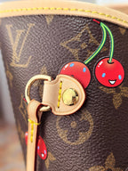 LV 25S NEVERFULL 31 IN DARK BROWN MONOGRAM CHERRY LEATHER TRIM GOLD HARDWARE