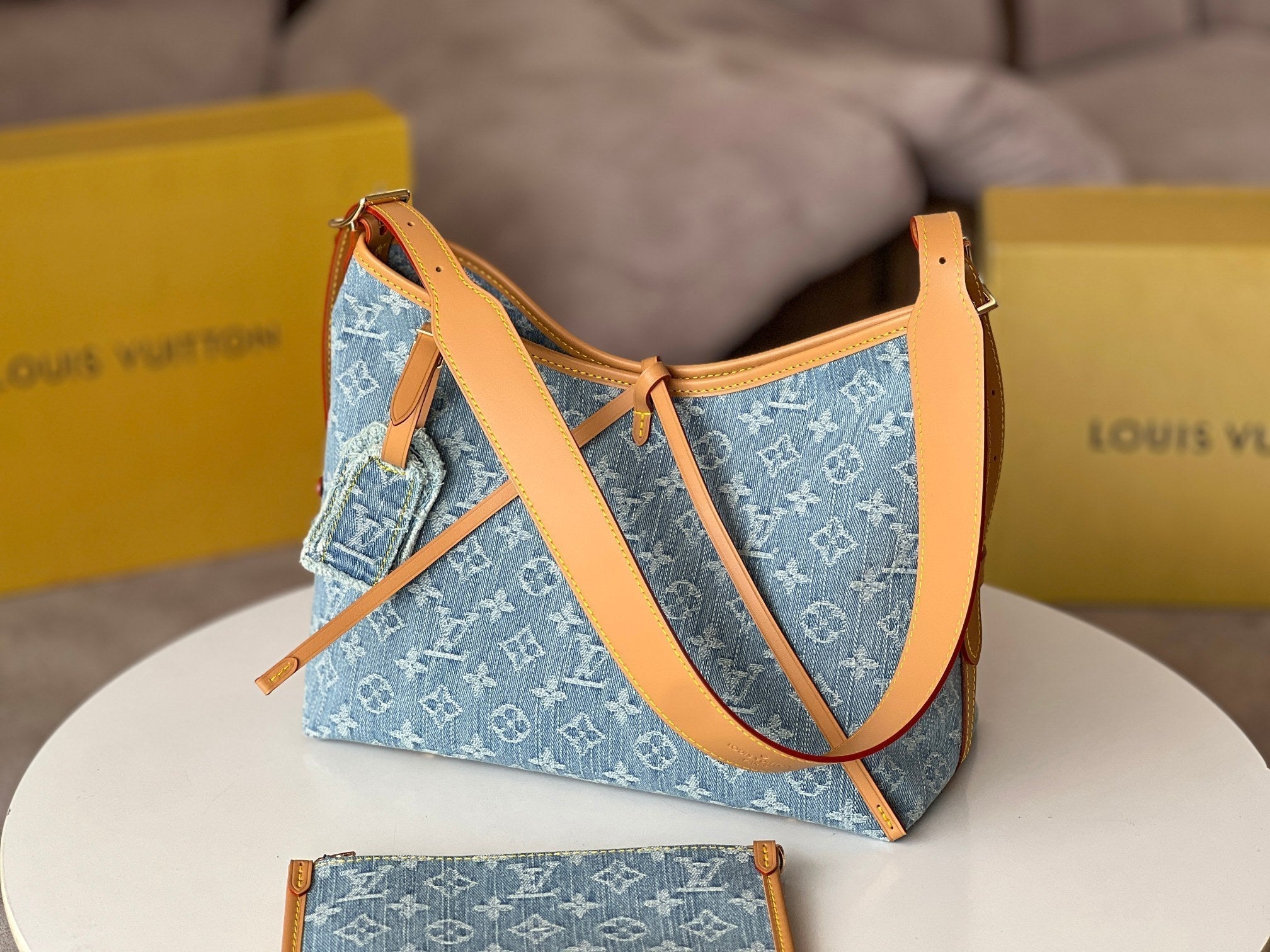 LV 25S CARRYALL 29 IN LIGHT BLUE DENIM MONOGRAM LEATHER TRIM