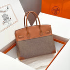 QUADRILLE BIRKIN 30CM IN GOLD SWIFT CALFSKIN AND BLACK/WHITE/BROWN TOILE CANVAS