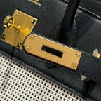 QUADRILLE BIRKIN 30CM IN BLACK SWIFT CALFSKIN WHITE BLACK PLAID TOILE CANVAS