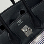 QUADRILLE BIRKIN 25CM IN BLACK SWIFT CALFSKIN WHITE BLUE PINK PLAID TOILE CANVAS