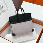QUADRILLE BIRKIN 25CM IN BLACK SWIFT CALFSKIN WHITE BLUE PINK PLAID TOILE CANVAS