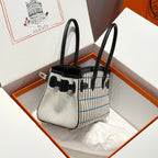 BIRKIN SHOULDER 29 IN BLACK CALFSKIN ÉCRU/NOIR/FAUVE/NOIR/BLEU ZANZIBAR EMBROIDERY PLAID CANVAS