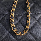 RETRO STYLE FLAP BAG 19 IN BLACK GRAINED CALFSKIN GOLD HARDWARE