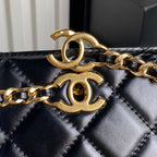 HANDBAG 27 IN BLACK DIAMOND PATTERN QUILTED SHINY LAMBSKIN GOLD HARDWARE