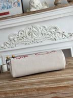 HERBAG ZIP 31 RETOURNE PEGASE POP BAG IN OFF-WHITE MIX RED CANVAS AND HUNTER COWHIDE