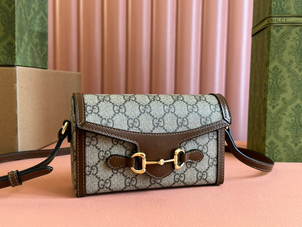 GG HORSEBIT 1955 MINI 18 BAG BEIGE CANVAS AND BROWN CALFSKIN