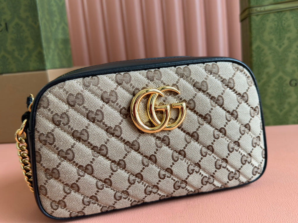 MARMONT MEDIUM SHOULDER BAG 24 IN BEIGE AND BROWN GG CANVAS BLACK CALFSKIN