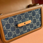 GO SMALL SHOULDER BAG 21.5 IN BLUE DENIM BROWN CALFSKIN