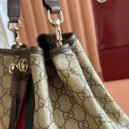 GUCCI 25S OPHIDIA SMALL BUCKET BAG 22 IN BEIGE CANVAS AND BROWN CALFSKIN
