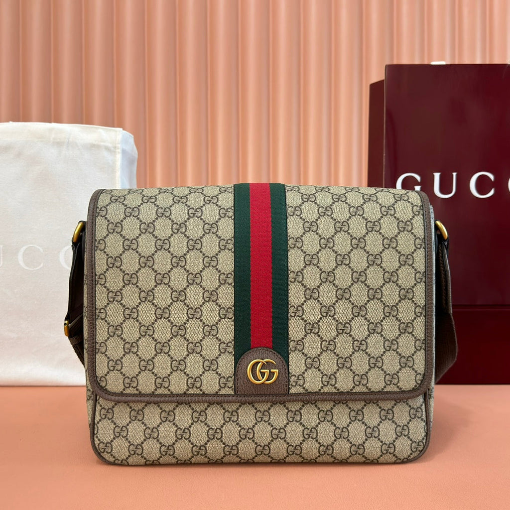 GUCCI 25S OPHIDIA LARGE CROSSBODY BAG 33 IN BEIGE CANVAS AND BROWN CALFSKIN
