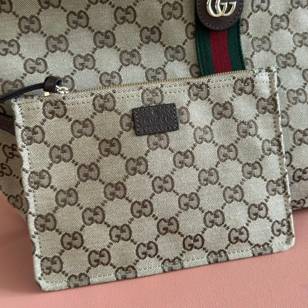 GUCCI 25S GIGLIO LARGE TOTE BAG 50 IN BEIGE AND DARK BROWN CANVAS