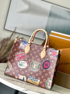ONTHEGO VOYAGE 35 IN BROWN MONOGRAM CANVAS WITH VINTAGE HOTEL LABELS