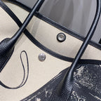 GARDEN PARTY 36 IN BEIGE AND BLACK TOILE H CANVAS BLACK CALFSKIN HORSE TACK SKETCH PRINT