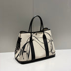 GARDEN PARTY 36 IN BEIGE AND BLACK TOILE H CANVAS BLACK CALFSKIN HORSE TACK SKETCH PRINT