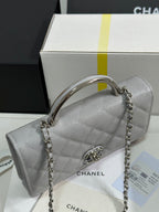 FLAP BAG WITH SILVER-TONE HANDLE 19 IN GREY SHINY CAVIAR SKIN