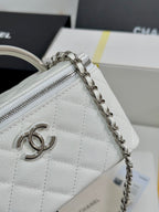 MINI VANITY TOP HANDLE CASE 17 IN WHITE CAVIAR SKIN SILVER-TONE PLATED METAL