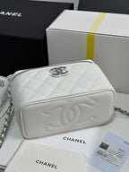 MINI VANITY TOP HANDLE CASE 17 IN WHITE CAVIAR SKIN SILVER-TONE PLATED METAL
