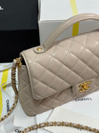 FLAP BAG WITH HANDLE 25 IN BEIGE LAMBSKIN GOLD PLATED METAL