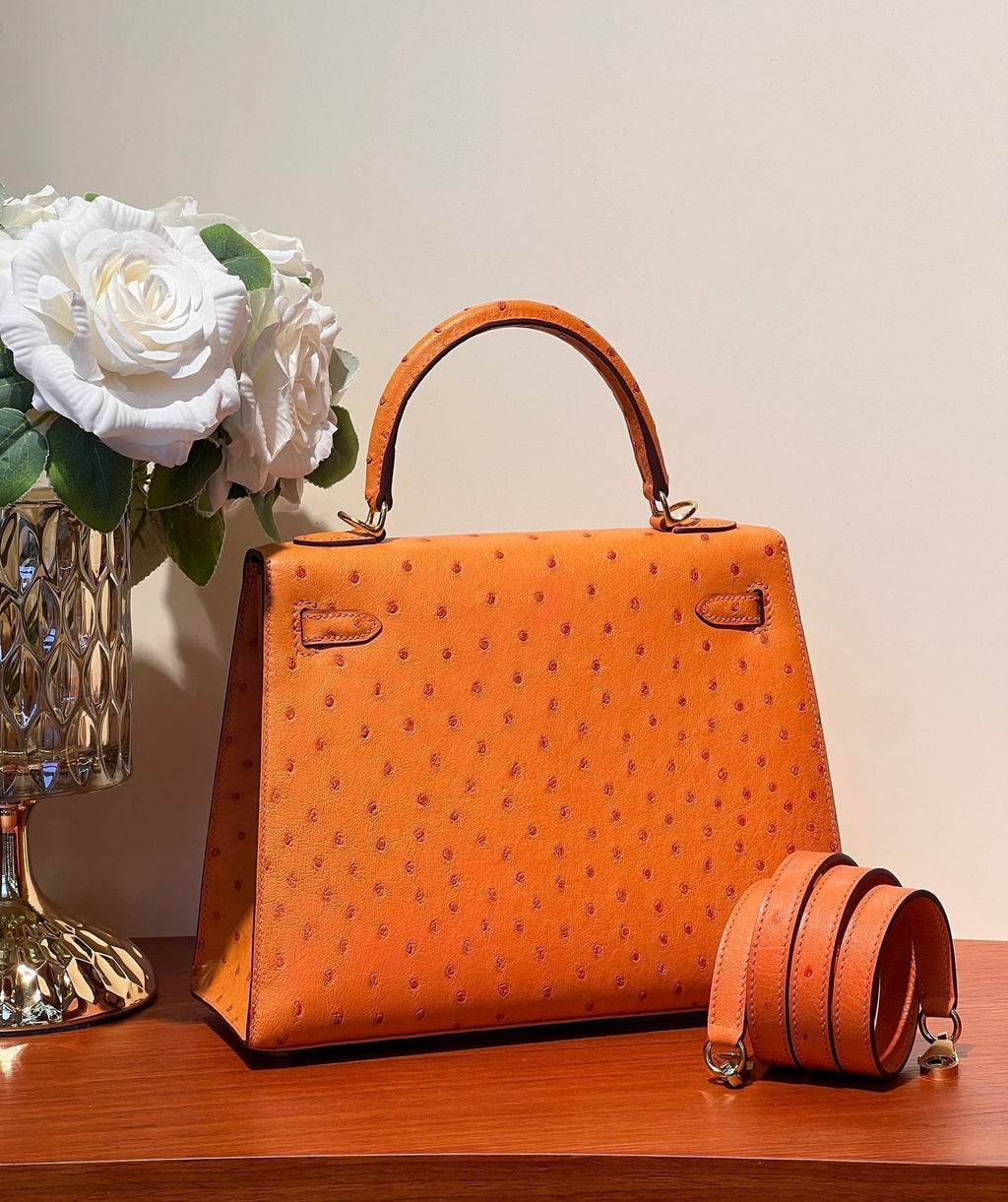 KELLY SELLIER 25 BAG IN FIRE ORANGE OSTRICH LEATHER WITH GOLD HARDWARE (MADE-TO-ODER)