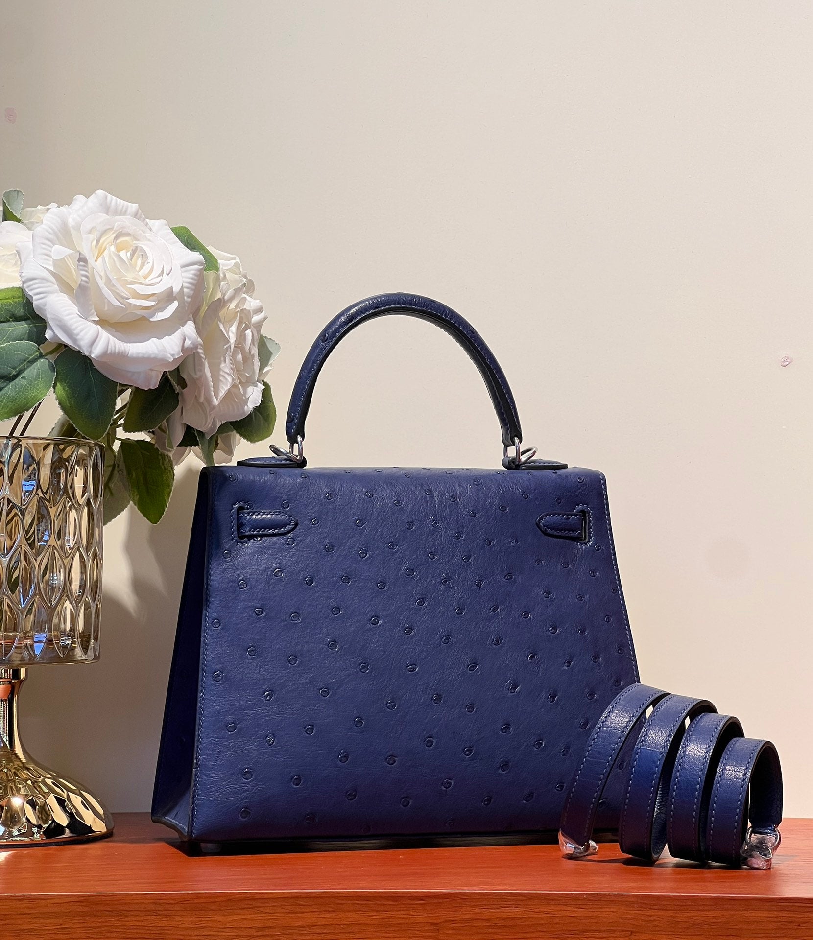 KELLY SELLIER 25 BAG IN NAVY BLUE OSTRICH LEATHER WITH SILVER HARDWARE (MADE-TO-ODER)