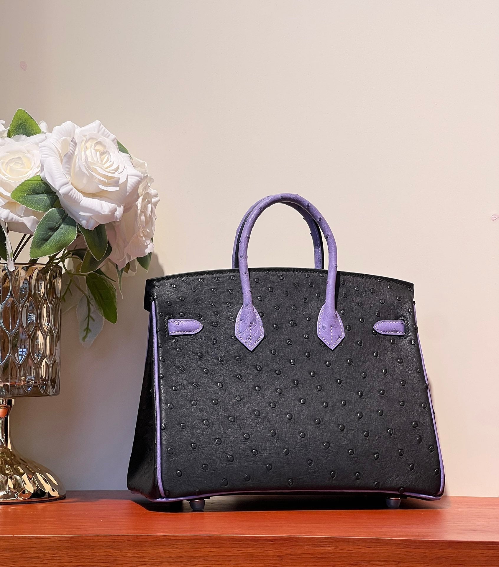 KELLY  SELLIER 25 BAG IN BLACK MIX AMETHYST PURPLE OSTRICH LEATHER (MADE-TO-ODER)