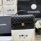 QUILTED FLAP BAG WITH HANDLE 26 IN BLACK LAMBSKIN GOLD PLATED METAL