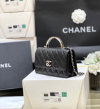 FLAP BAG WITH SILVER-TONE HANDLE 18 IN BLACK LAMBSKIN