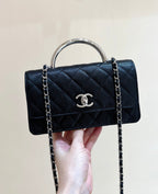 FLAP BAG WITH SILVER-TONE HANDLE 18 IN BLACK LAMBSKIN