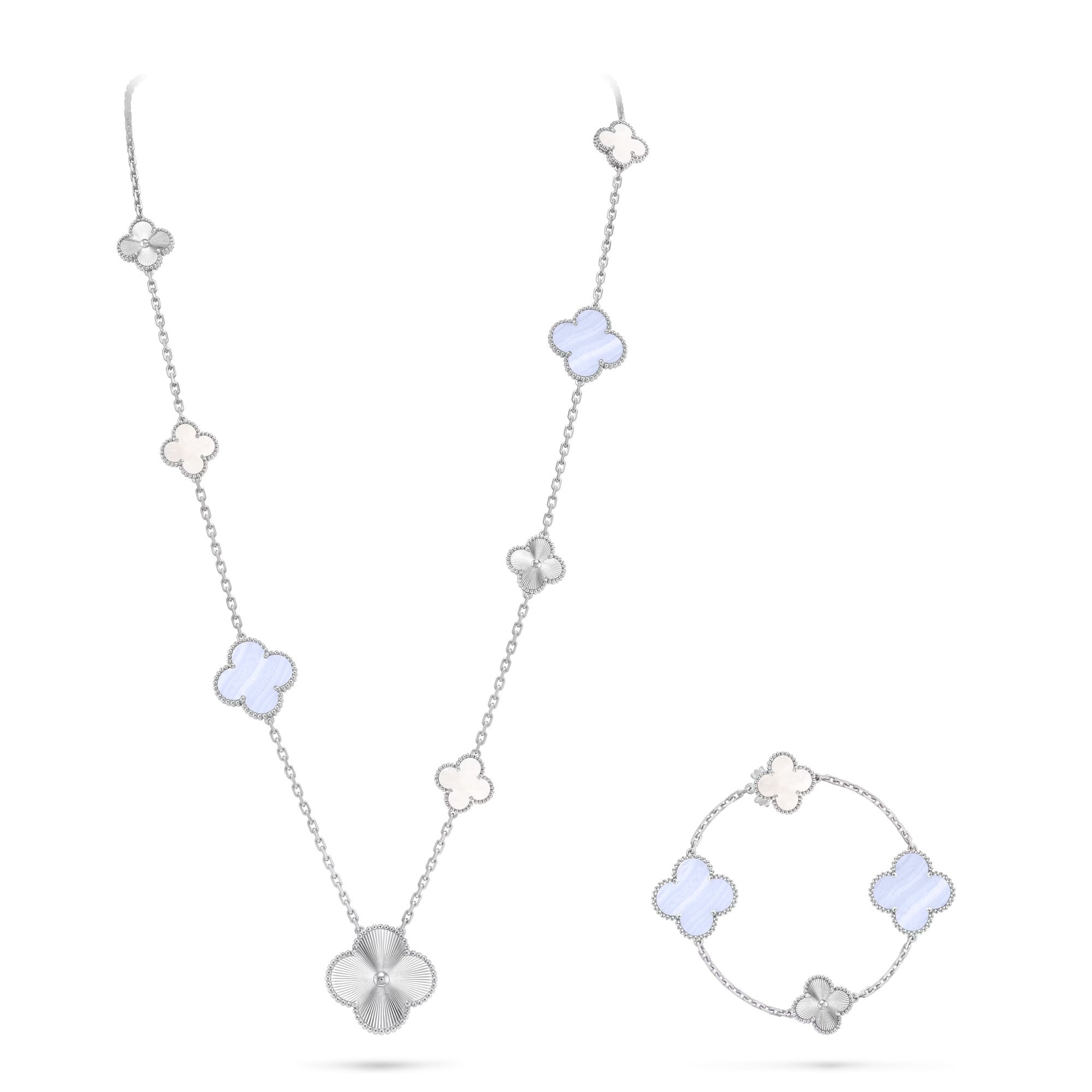DETACHABLE CLOVER 15(11+4) FLOWER SILVER NECKLACE SET